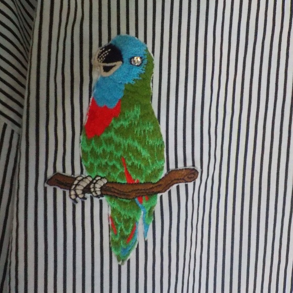 Black/White Stripe Blouse w/Colorful Appliqued Parrots - Picture 6 of 9